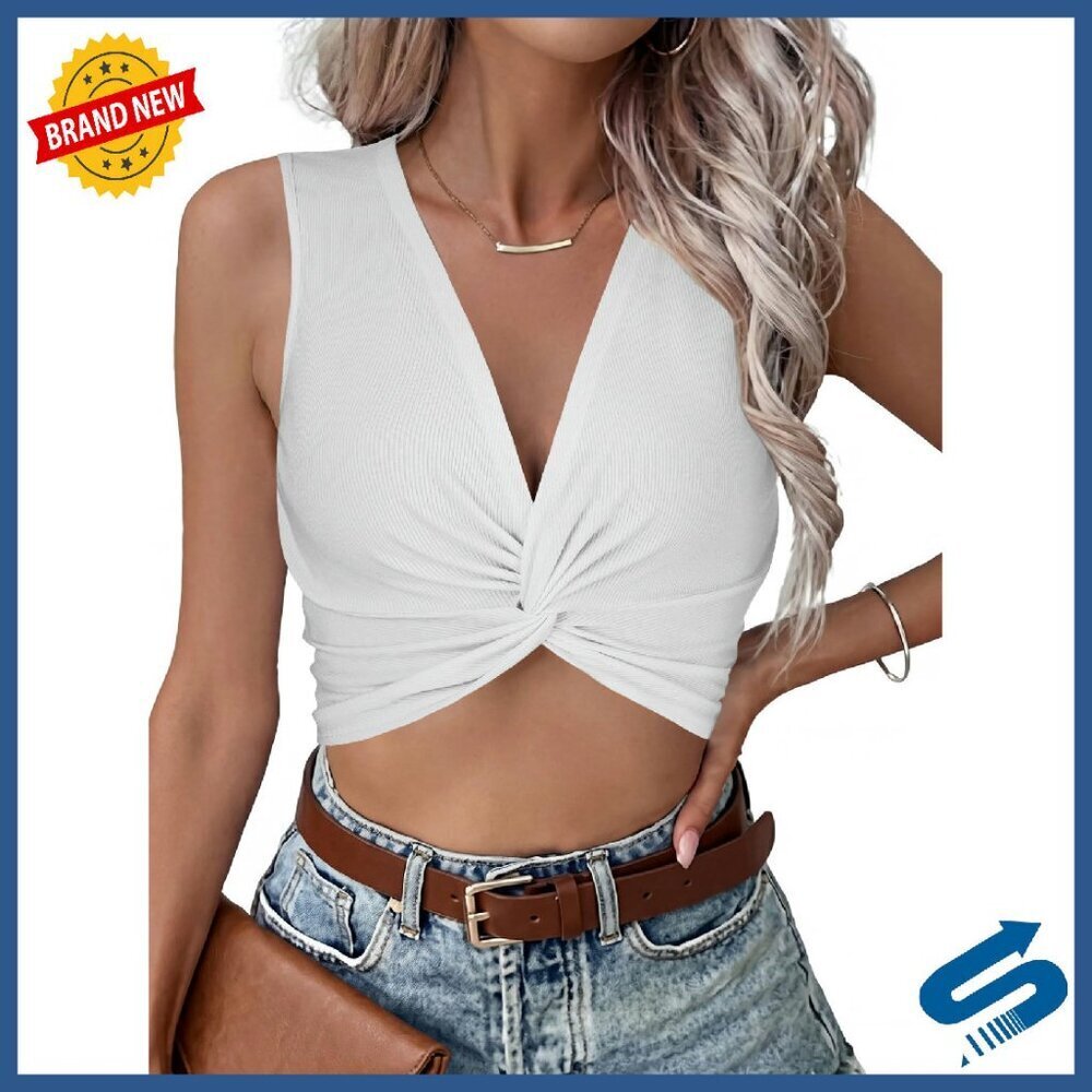 Twist Front V Neck Ribbed Knit Sleeveless Crop Top Women's Tank